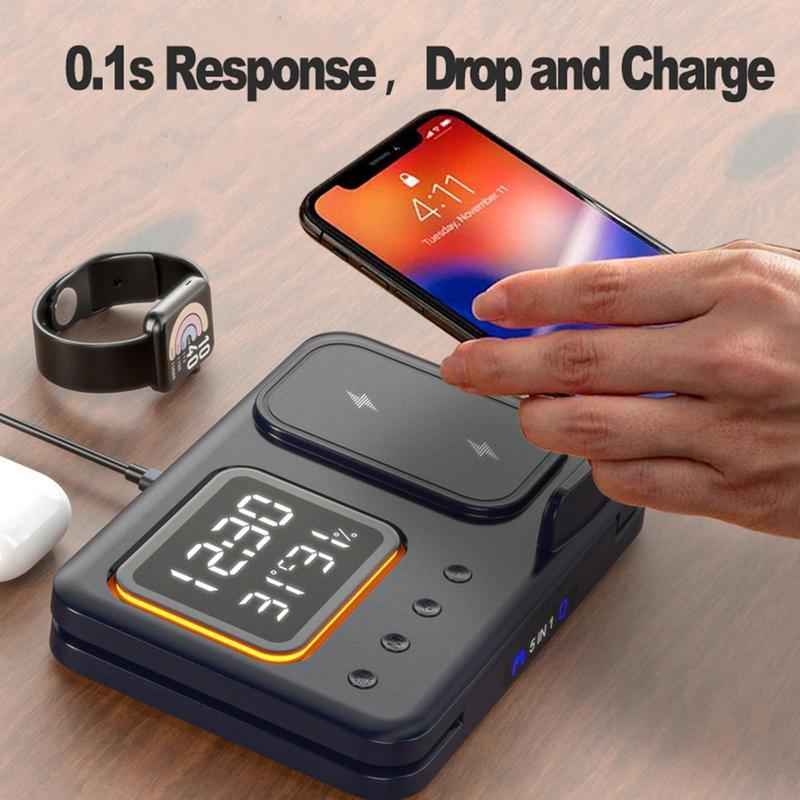 15W Wireless Chargers Stand 5 In1 LED Digital Alarm Clock