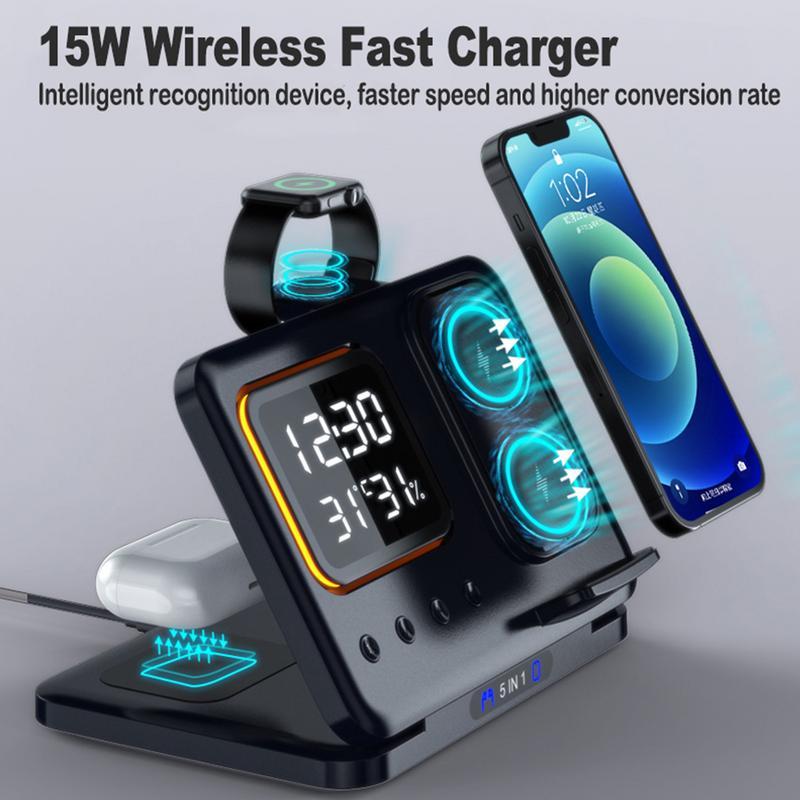 15W Wireless Chargers Stand 5 In1 LED Digital Alarm Clock