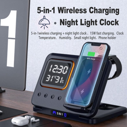 15W Wireless Chargers Stand 5 In1 LED Digital Alarm Clock