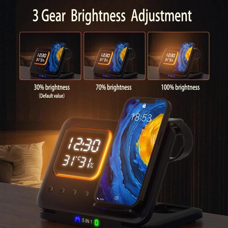 15W Wireless Chargers Stand 5 In1 LED Digital Alarm Clock